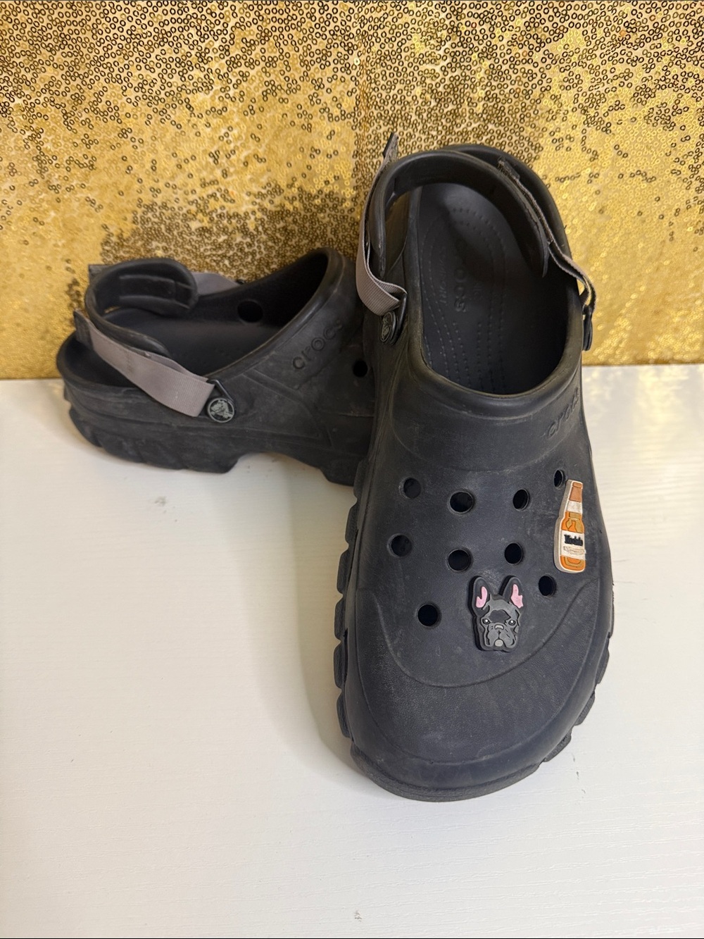 CROCS Black Slip-On Clogs with Grey Heel Straps and Decorative Charms